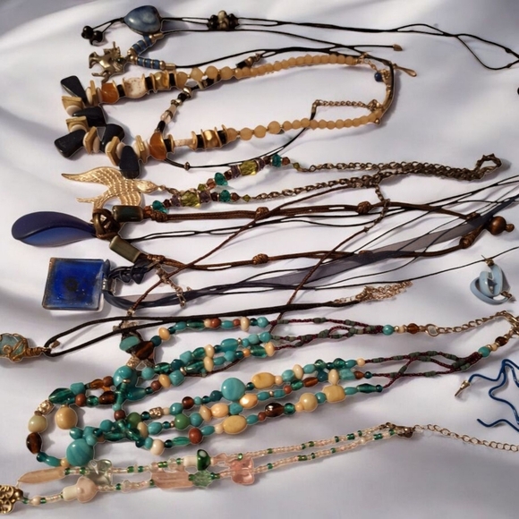 12 Piece Bundle Jewelry Blue Themed Boho Beachy Hippie Necklaces Earrings BEADED - Picture 1 of 9